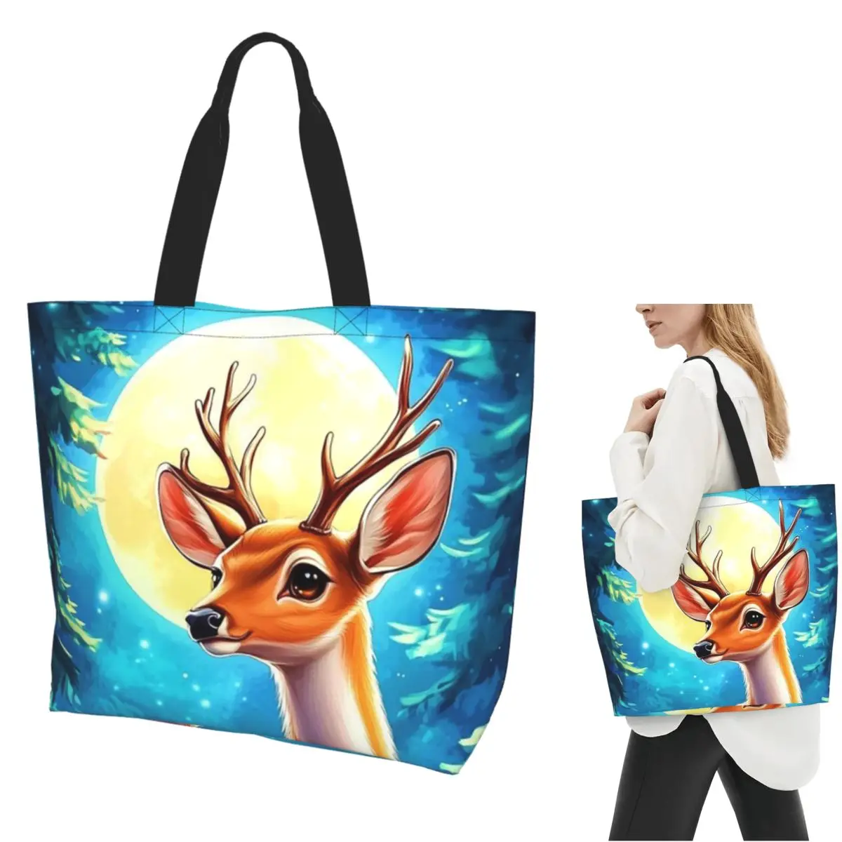 

Bambi Cartoon Shopping Tote Bag Canvas Large Capacity Shoulder Bags Shopper Grocery Handbag for Women