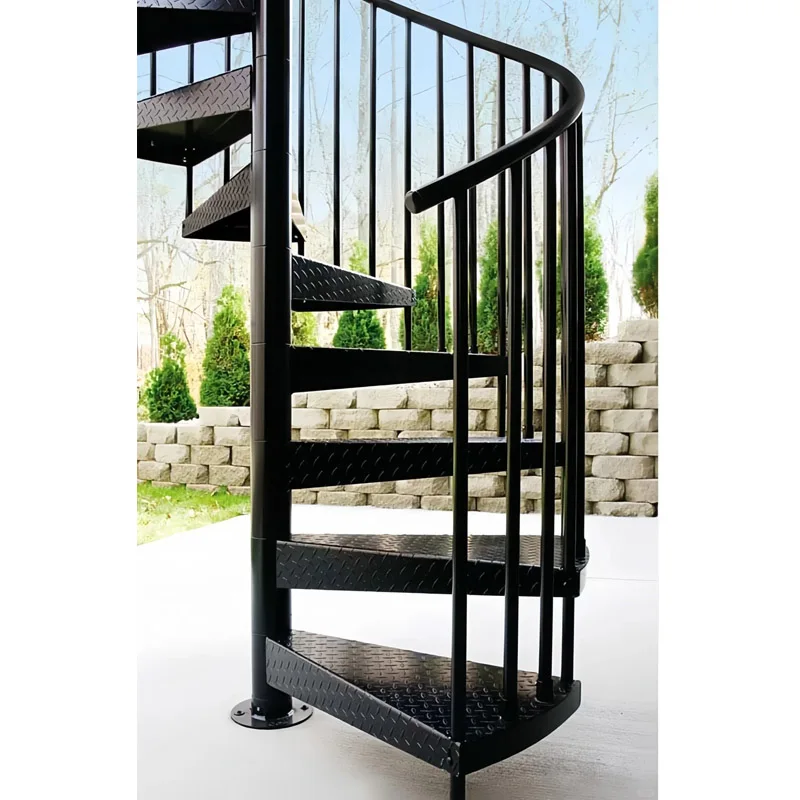 سلم حلزوني معدني حديث خارجي مع حواف خشبية سلالم مستقيمة داخلية جاهزة للاستخدام المنزلي #6