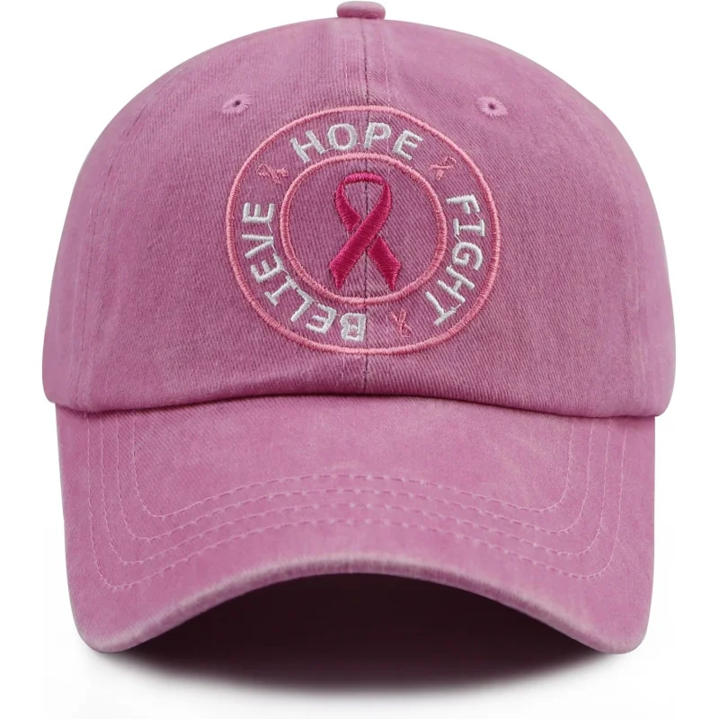 Believe Hope and Fight Hat for Women, Adjustable Cotton Embroidered Pink Ribbon Breast Cancer Baseball Cap