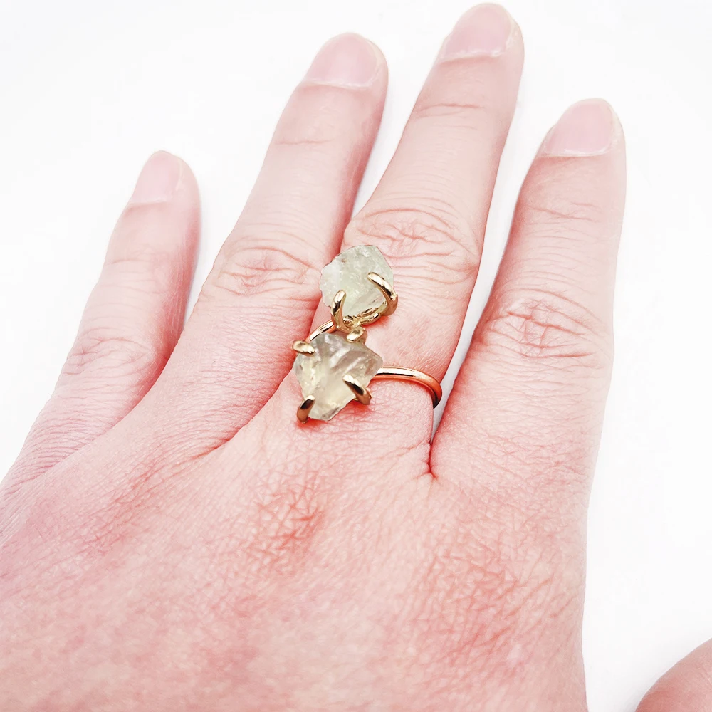 Irregular Fluorite Crystal Open Cross Ring for Women Girls Claw Setting Gold-color Boho Rough Stone Finger Jewelry Resizable view 6