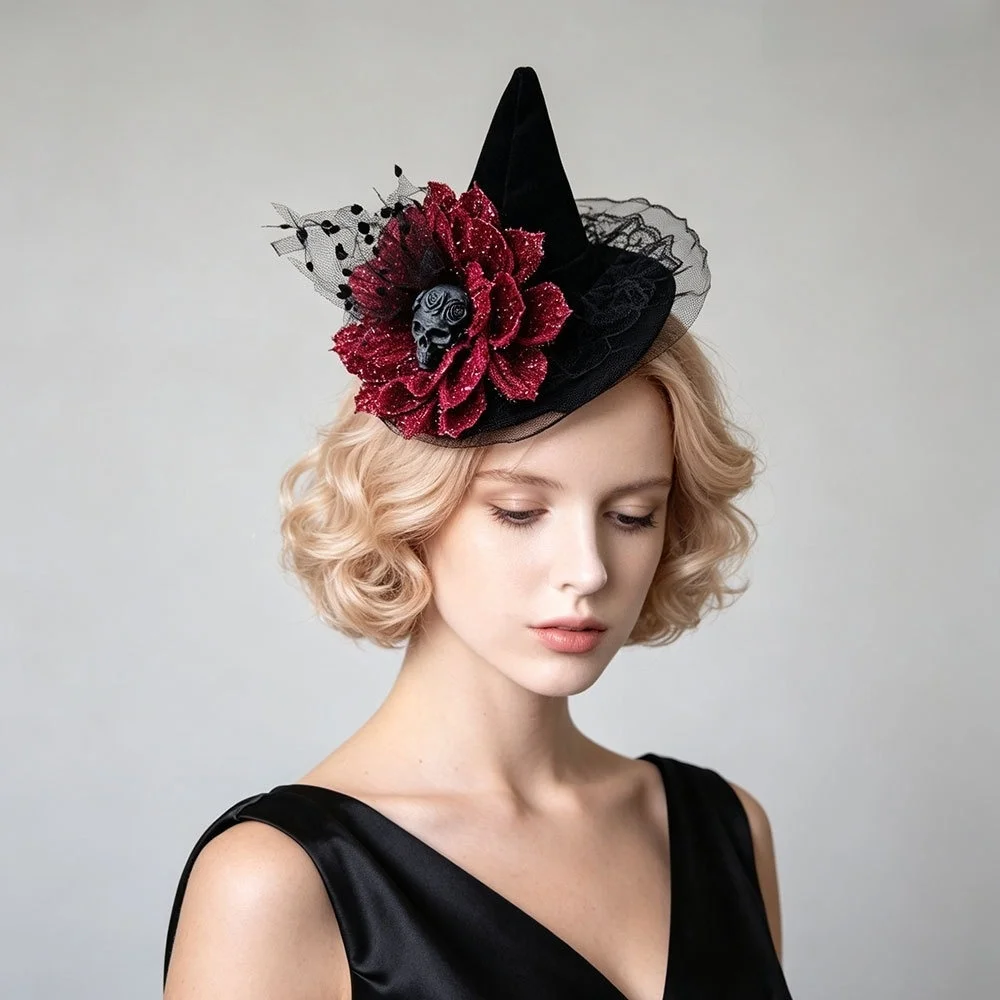 Creative Flower Witch Hat Hair Clip Skull Mesh Halloween Hair Clip Headdress Dark Black Witch Hairpins Cosplay
