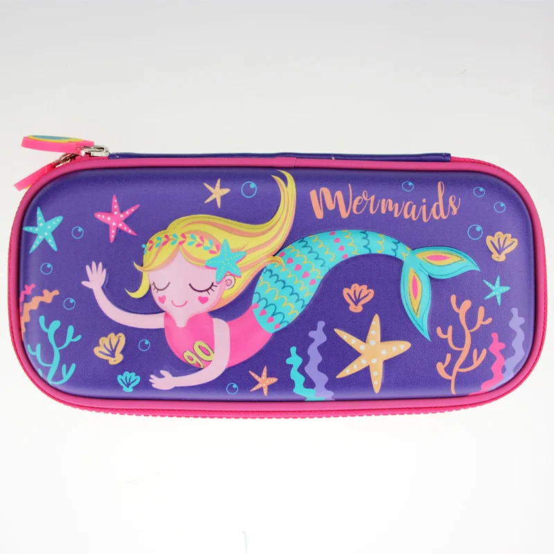 Korean Girl Pencil Case Cartoon Mermaid Large Capacity Pencil Case 3D Children\'s Stationery Box Pupil Pencil Box Purple