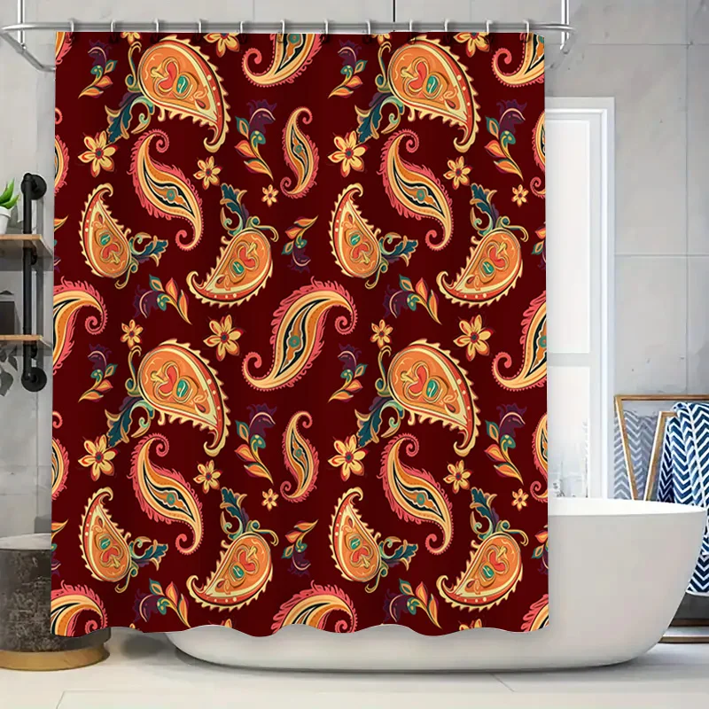 

Patterned Shower Curtain Fabric Polyester Floral Print in Red Background for Bathroom Decorations.
