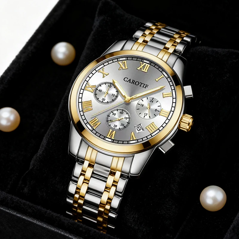 

Мужские серебристо-желтые современные минималистичные креативные кварцевые часы с тремя дополнительными циферблатами и ремешком из нержавеющей стали.