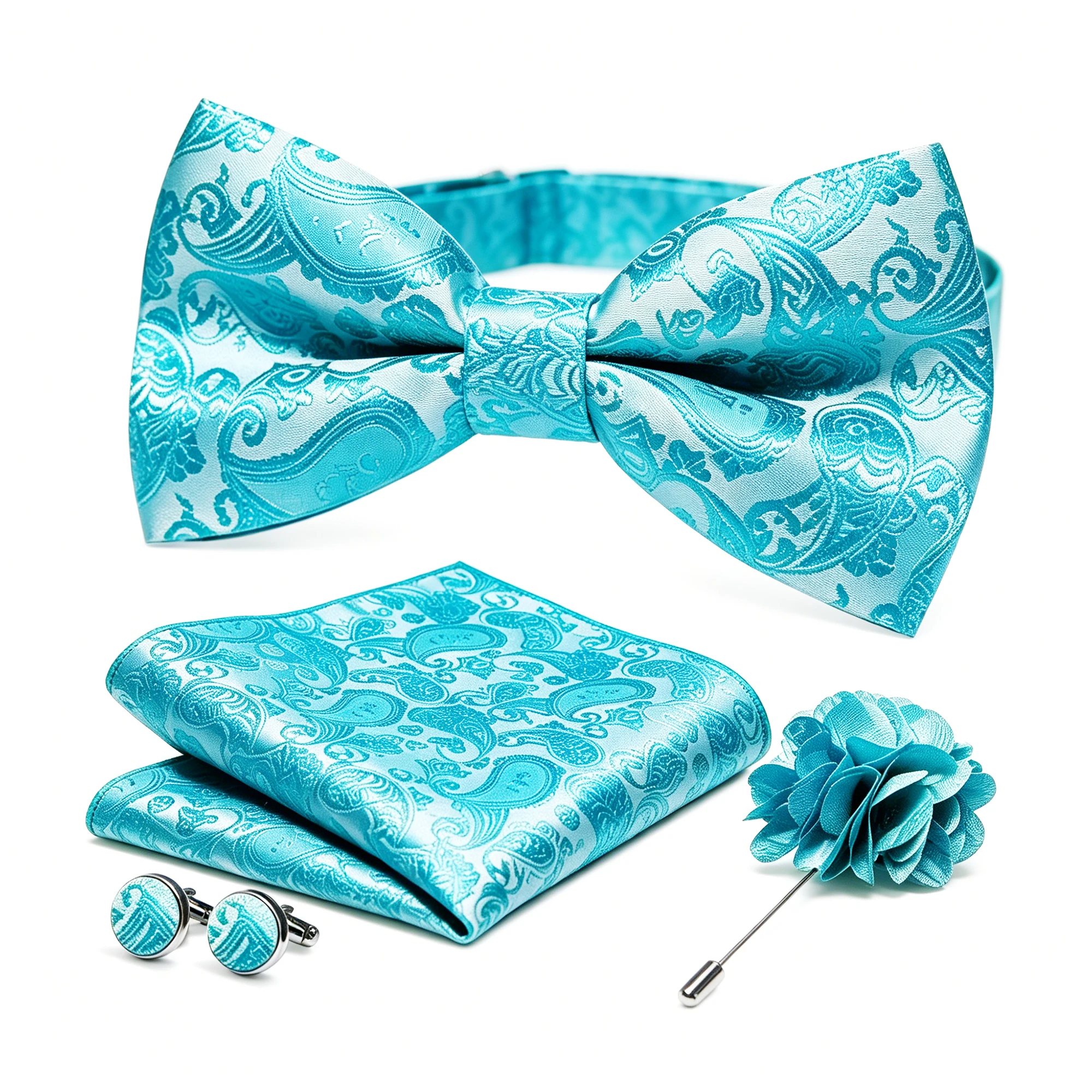 36-teiliges Set: Schwarze Seiden-Jacquard-Paisley Herrenfliege, Brosche, Einstecktuch und Manschettenknöpfe – Vorgebundene Schmetterlingsfliege für Herren, Hochzeit und Business – Detail 6