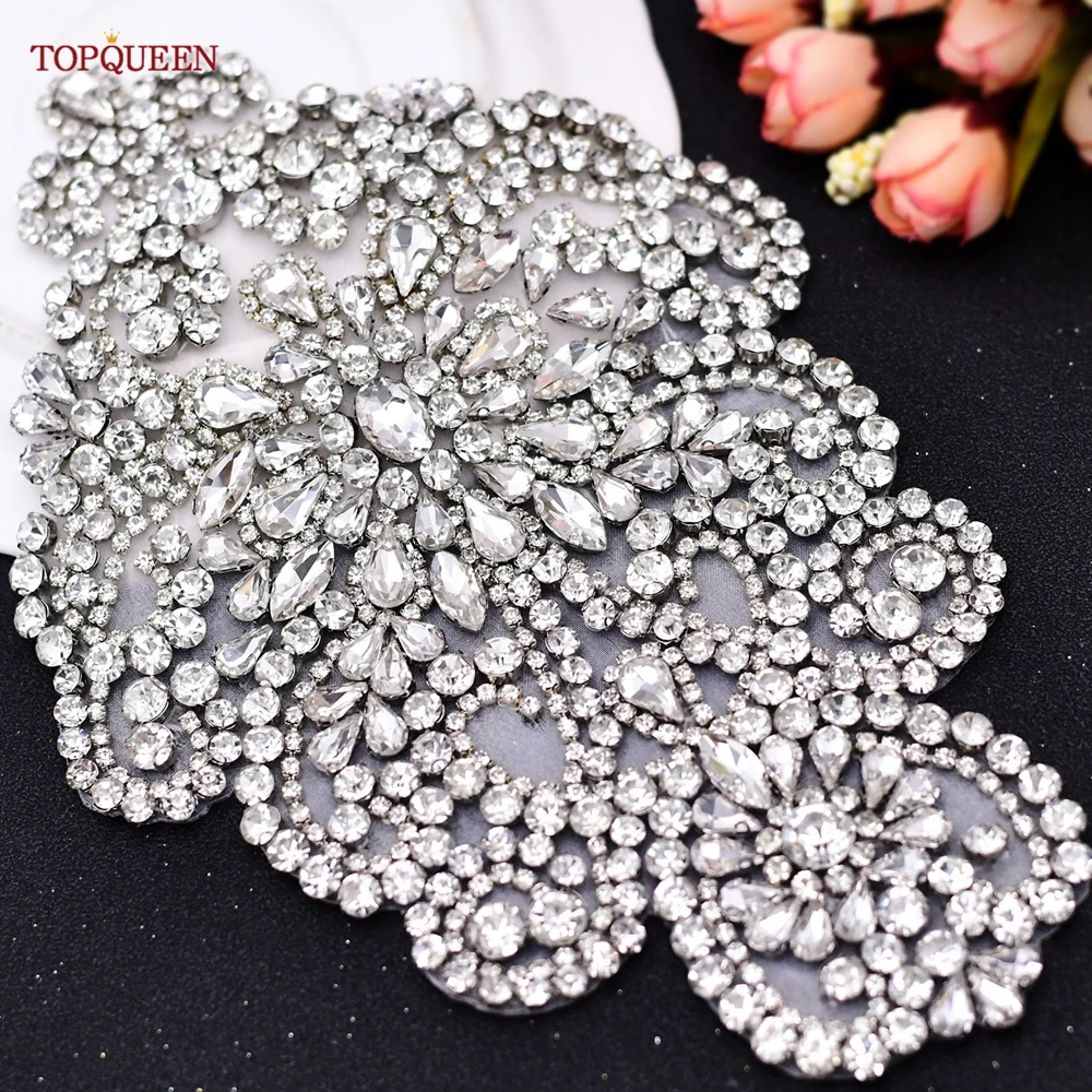 TOPQUEEN Bridal Sew on Applique Epaulets for Women Appliques on Clothes Large Patches Neckline Bead and Rhinestone Patches SP01