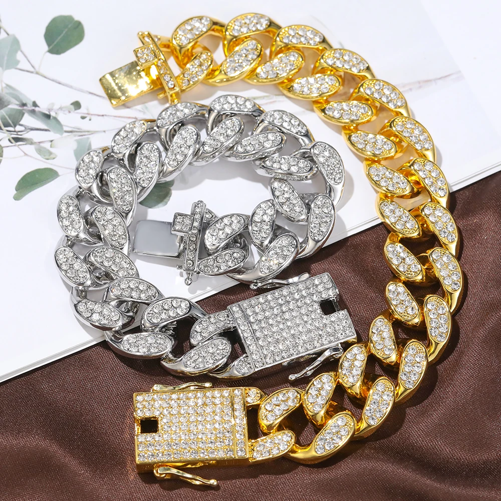 

Iced Out 20mm Cuban Necklace Paved Stones Bracelet With Spring Clasp Luxury Hip Hop Jewelry For Men For party Gift