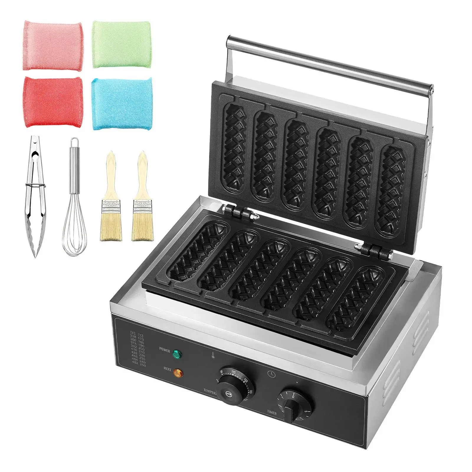 Commercial Waffle Stick Maker 6PCS 1500W Non Stick Stainless Steel Corn Dog Waffle Iron with Temperature and Control Handle for restaurant Bakery Snack Bar Family