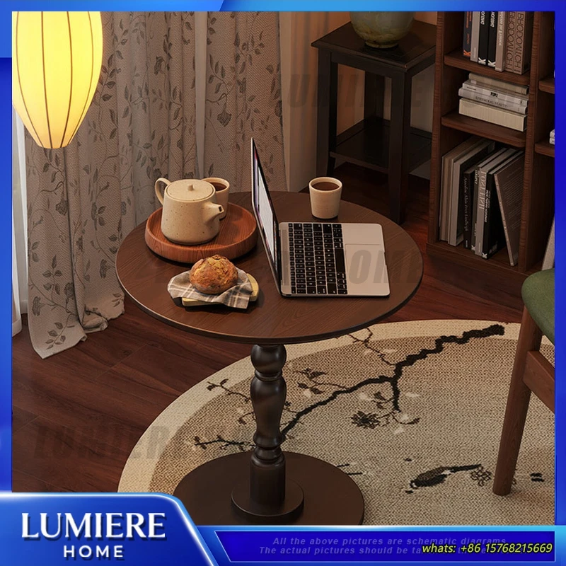 

Solid Wood Round Coffee Table Small Living Room Side Table for Balcony Vintage Style Tea Table Low Height End