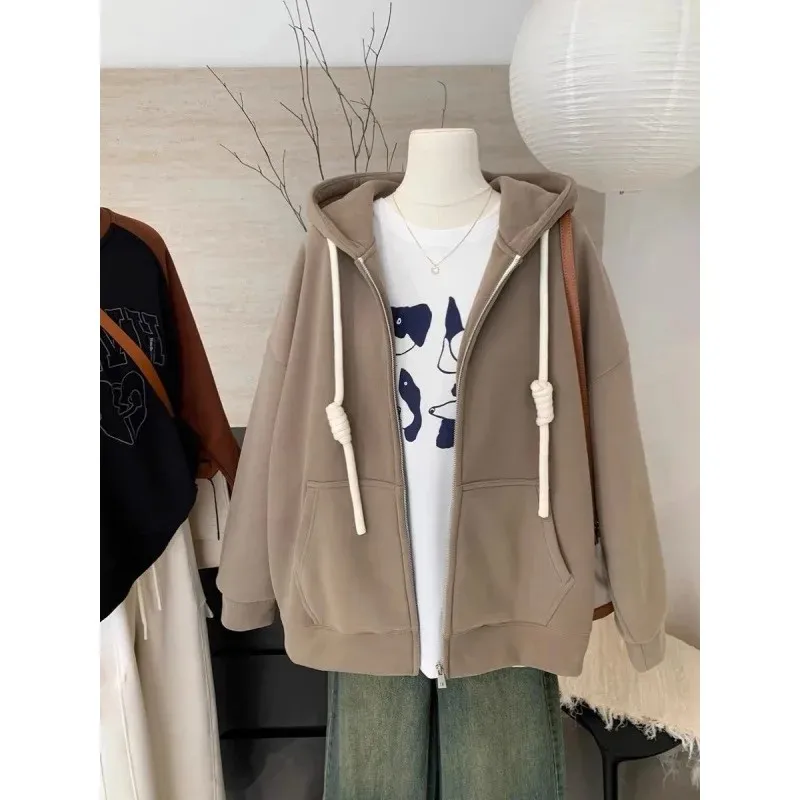 Women's Autumn Outerwear Versatile Sweatshirt Oversize Loose Fit Hooded Zipper Cardigan Trendy Student Style