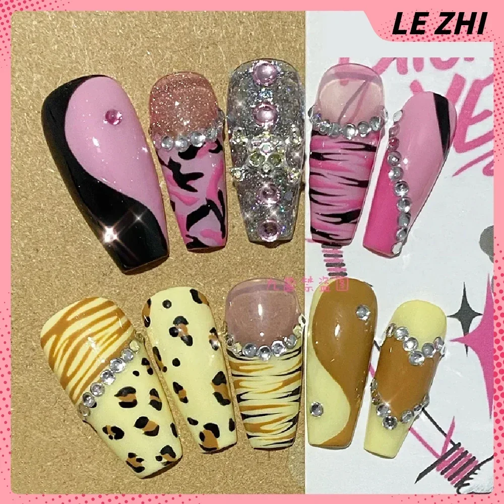 Sweet Cool Long Square Sexy Lace Press On Nails Long Coffin Leopard Cherry Reusable Full Cover Nail Party Sticker