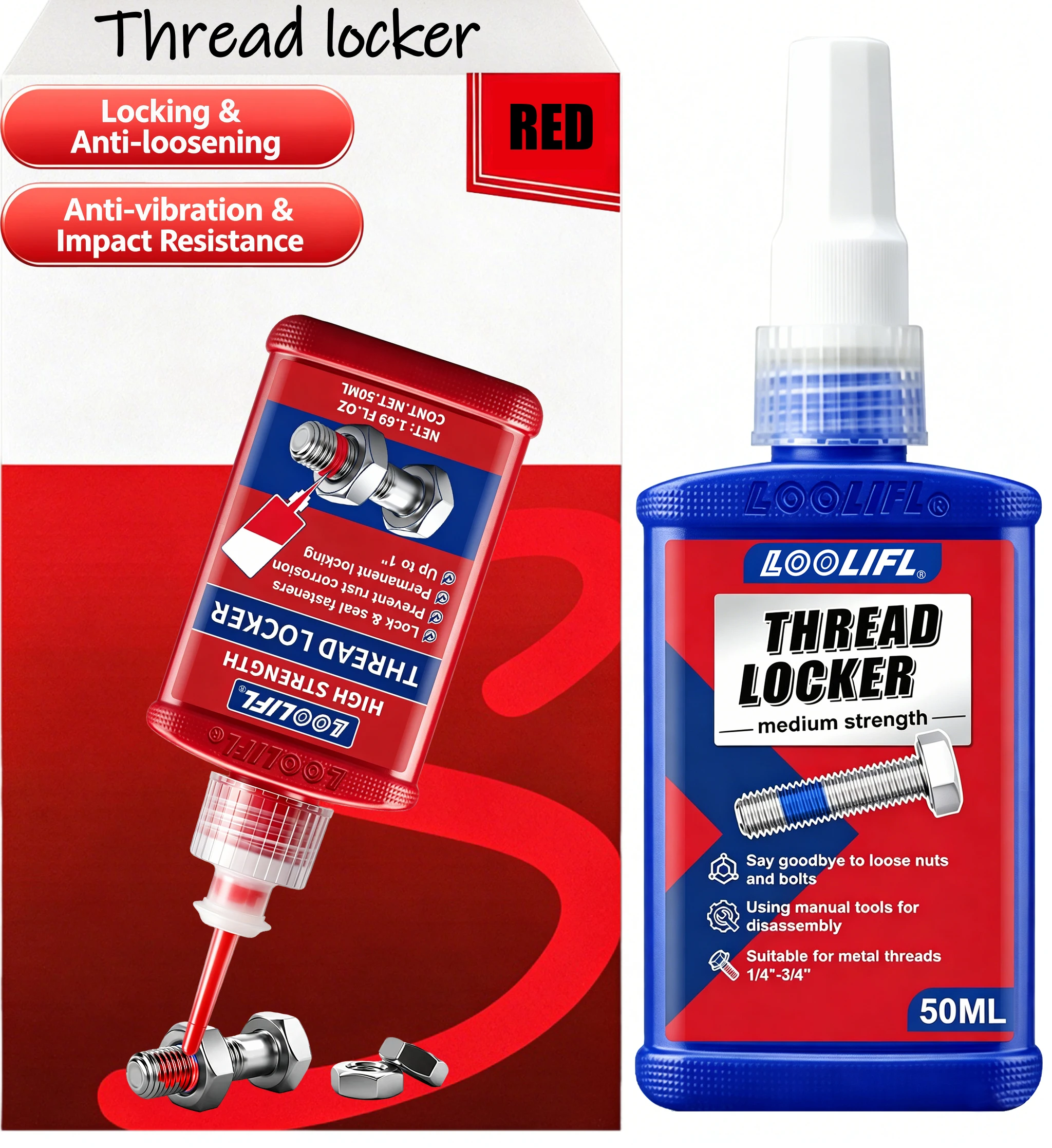 Red High Strength 243 271 Thread Locking Agent Anaerobic Screw Glue Anti-Loosening Sealant Metal Bolts Nuts Fastening Adhesive