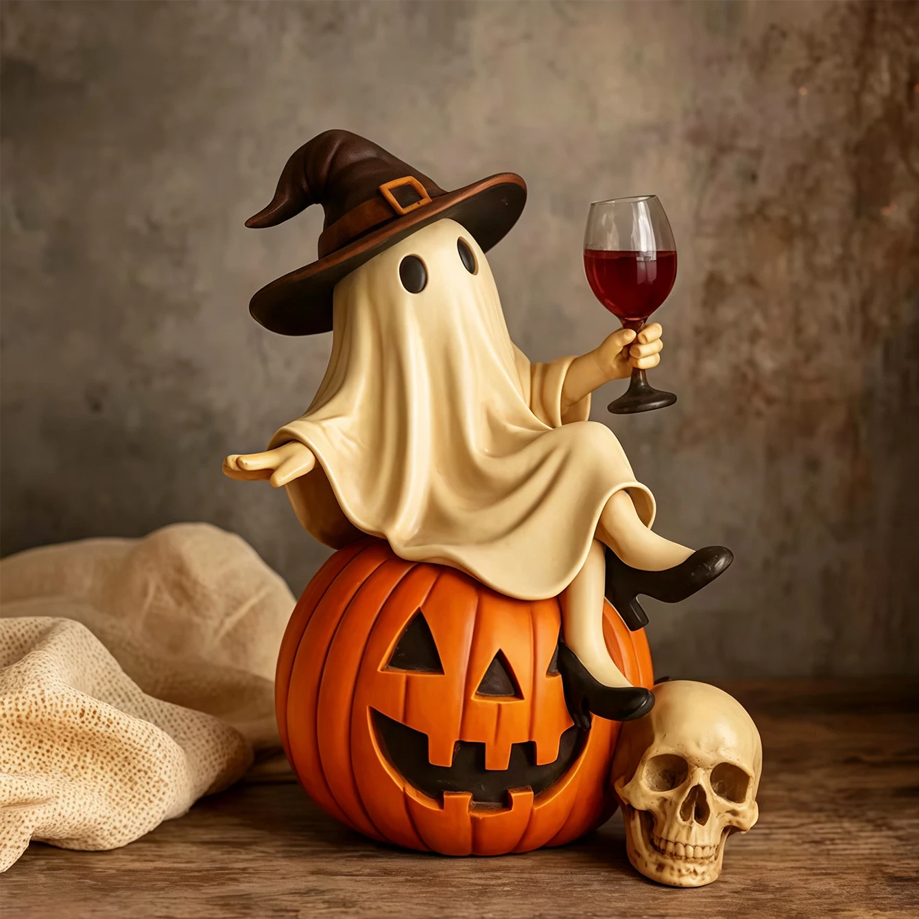 Cute Halloween Ghost Figurine with Witch Hat Wine Glass Resin Statue Home Decor Ornament for Living Room Shelf Tabletop Gift