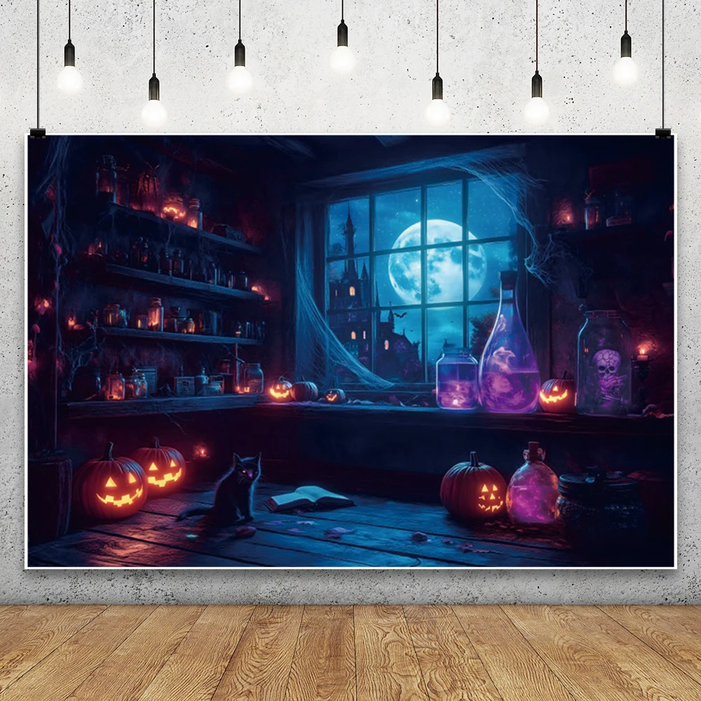 Halloween Photo Background Scary Castle Pumpkin Lights Dilapidated Bookshelf Black Cat Magic Potion Photography Backdrop Studio