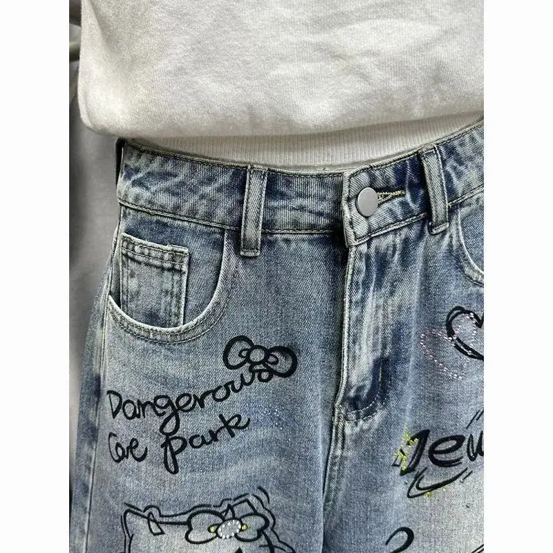 Straight-Leg Mid-Pants 2026 Summer Hello Kitty High-Waist Slim Wide-Leg Sanrio Hot Diamond Denim Five-Quarter Pants for Girls