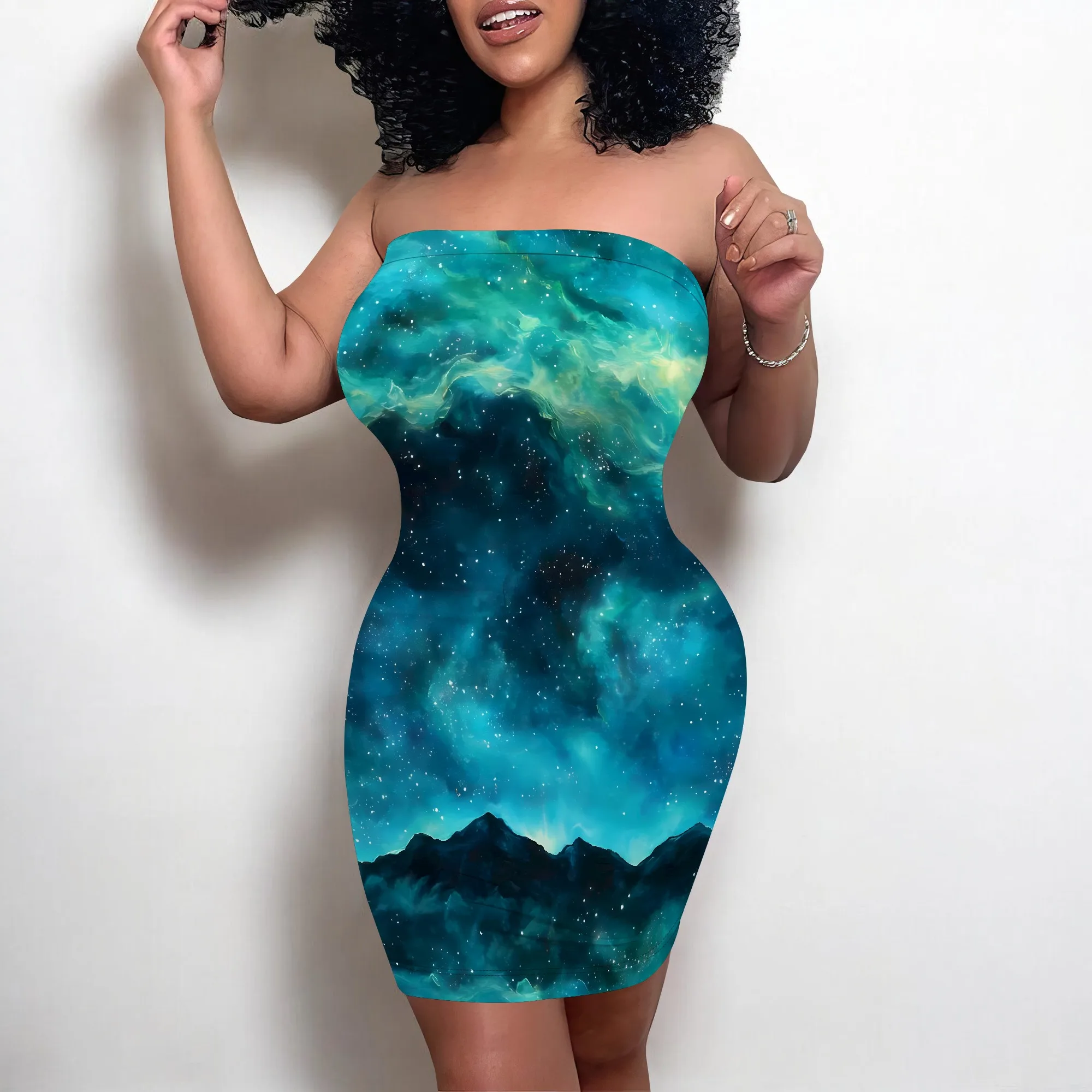 

EQQZD Sleeveless Strapless Mini Dress for Women, Dreamy & Splendid Starry Sky Print Tube Top Dress
