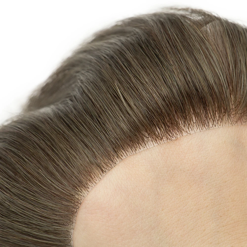 Vorne Männer Toupet Mann Perücke Natürliche V-Schleife Haaransatz 100% Echthaar Stirn Frontal Männliche Perücke Volle Haut Haarteile Haarteil