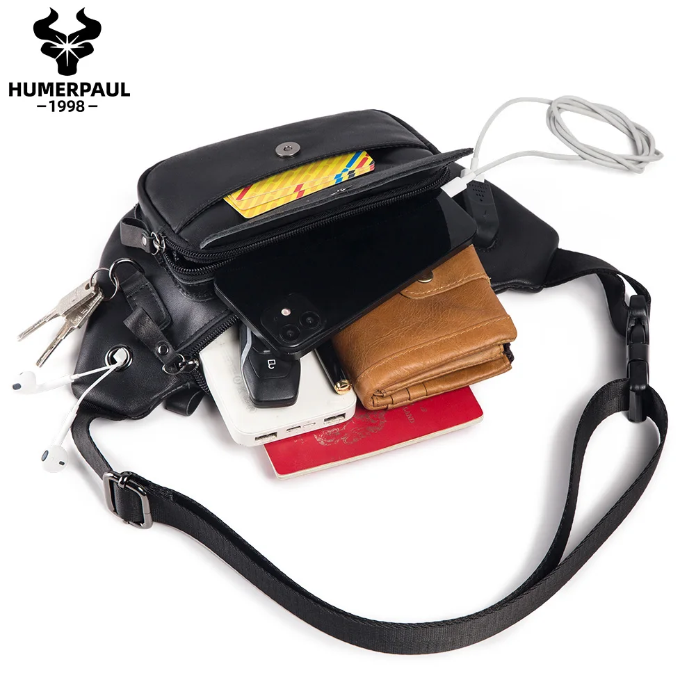 HUMERPAUL 100% Genuine Leather Chest Bag For Men Higt-Capacity With Durable USB Charging Crossbody Bag