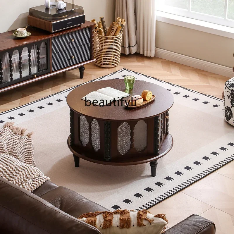 

French retro all-solid wood coffee table living room home TV cabinet combination round tea table