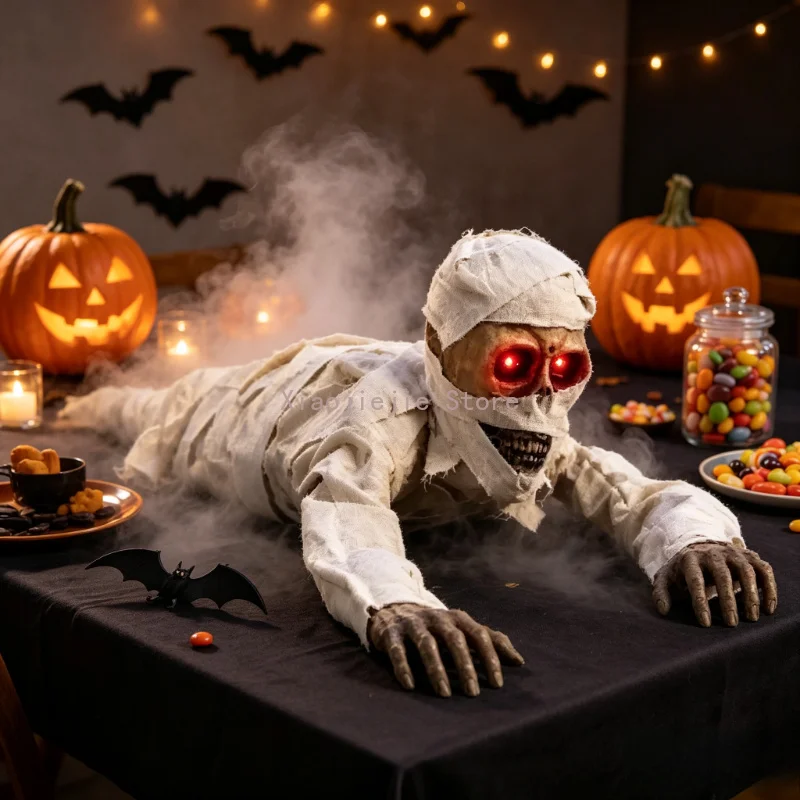 Eerie Crawling Mummy Figurine with Red Glowing Eyes Spooky Animated Halloween Prop for Indoor Scene Decor