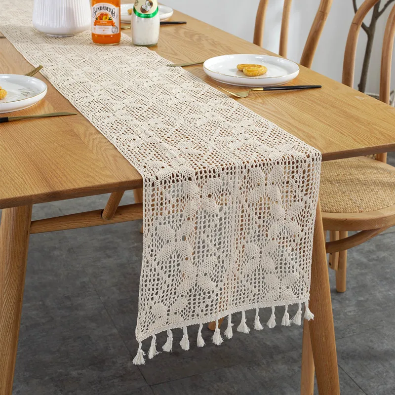 Crochet Knitting Hollow Dining Table Cloth, Fringe Table Flag, Widened Patchwork, Garden