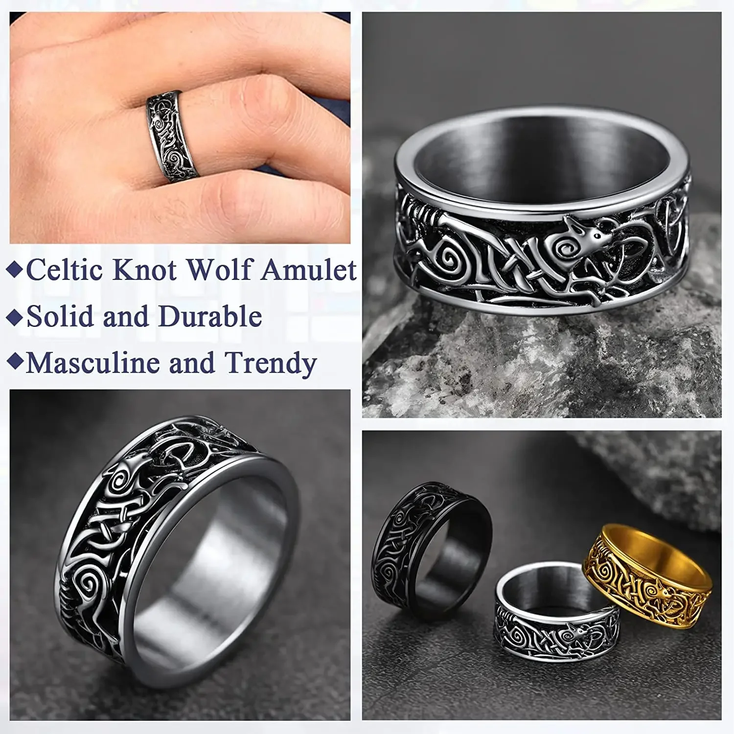 ChainsPro Wolf Head Signet Rings for Men Women Stainless Steel Norse Viking Ring Size 7/8/9/10/11/12/13/14 CP938