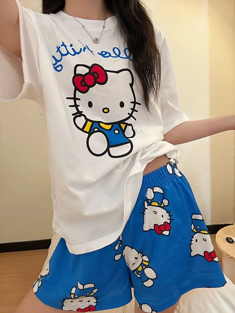 سانريو مرحبا كيتي منامة أنيمي الصيف المرأة الكرتون تي شيرت أبيض والسراويل الزرقاء دعوى لينة تنفس الملابس المنزلية #2