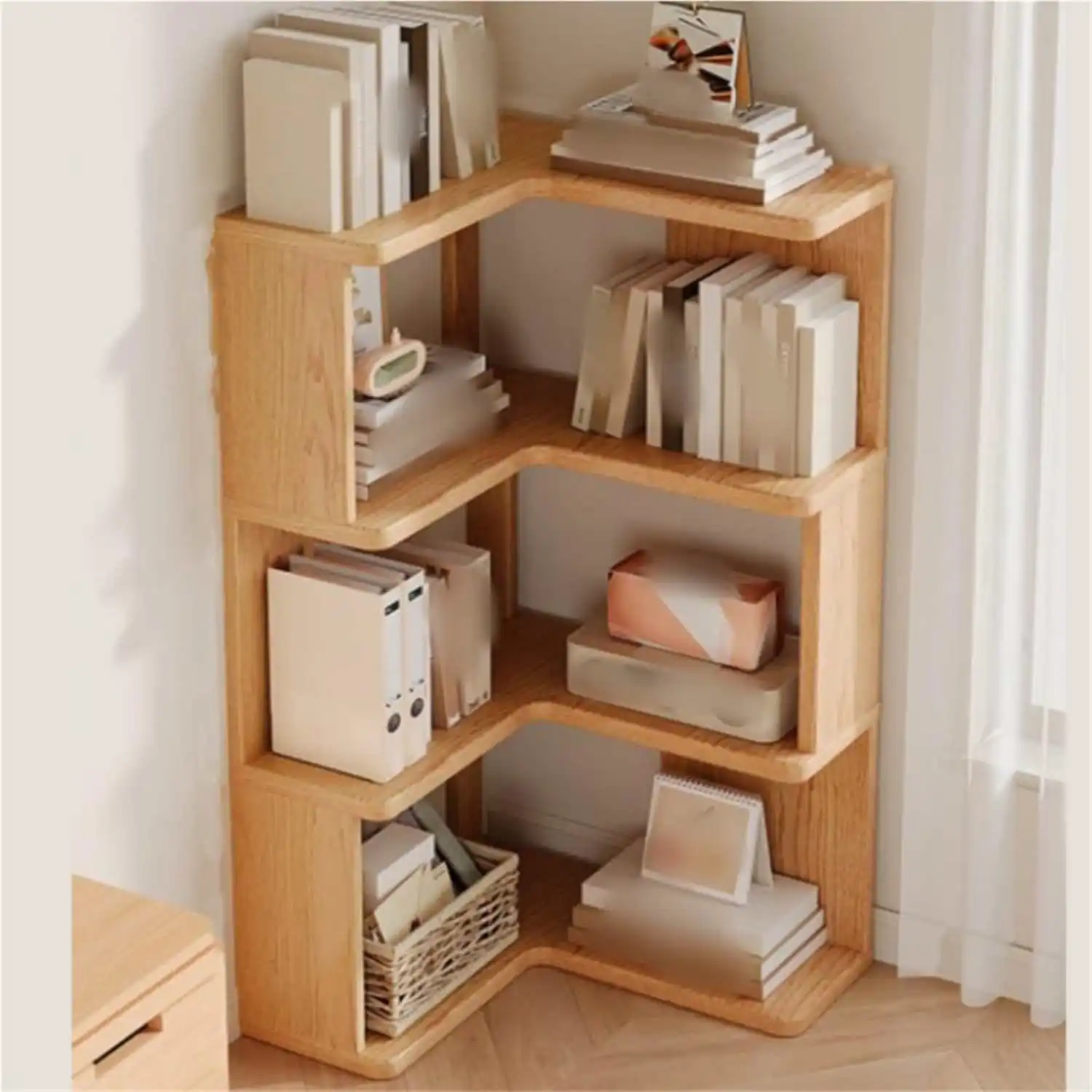 

3-Shelf Corner Bookshelf, L Shaped Bookcase, Solid Wood Floor-Standing Corner Shelf Storage Display Rack, Saving Space Storage