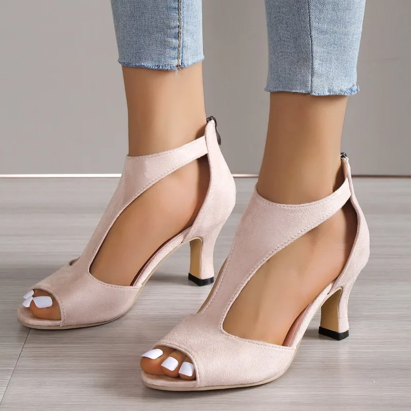 

2025 Summer New Brushed Leather Fish Mouth Sandals Women's Back Zipper Sexy Solid Color Comfortable High Heel Single Shoes Women