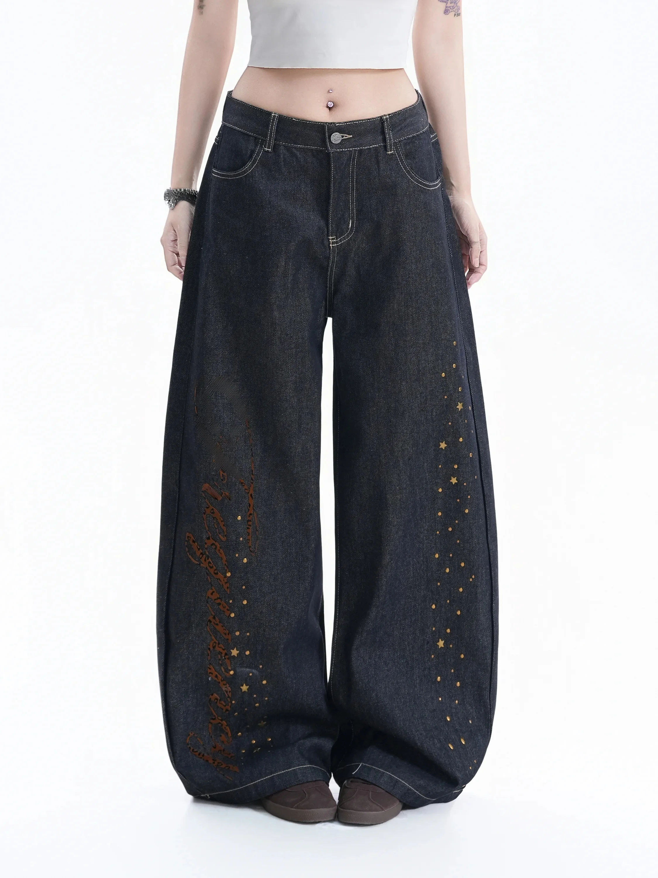 

American High Street Style Loose Wide Leg Denim Jeans Women's Vintage Long Pants Trendy Printed Natural Waist No Stretch