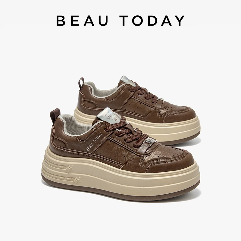 

BEAUTODAY Platform Sneakers Women Split Leather Solid Color Metal Decoration Sewing Lace-up Ladies Shoes Handmade 29791