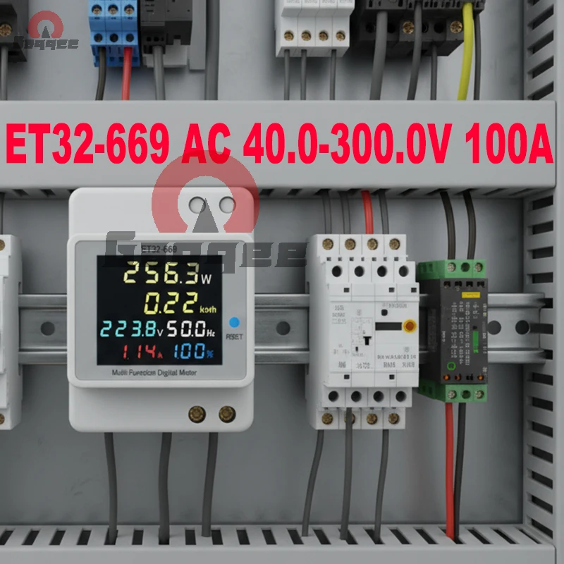 

ET32-669 Счетчик энергии на DIN-рейку переменного тока 40-300 В 100 А Многофункциональный монитор мощности с цветным дисплеем для однофазной системы