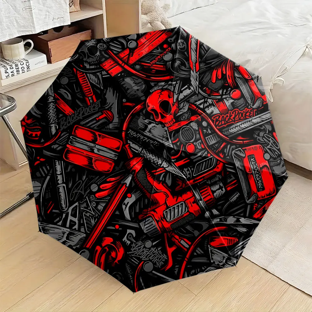 Skull and Red Mechanical Tools Graphic Umbrella Design portable waterproof sun rain umbrella for outdoor travel beach