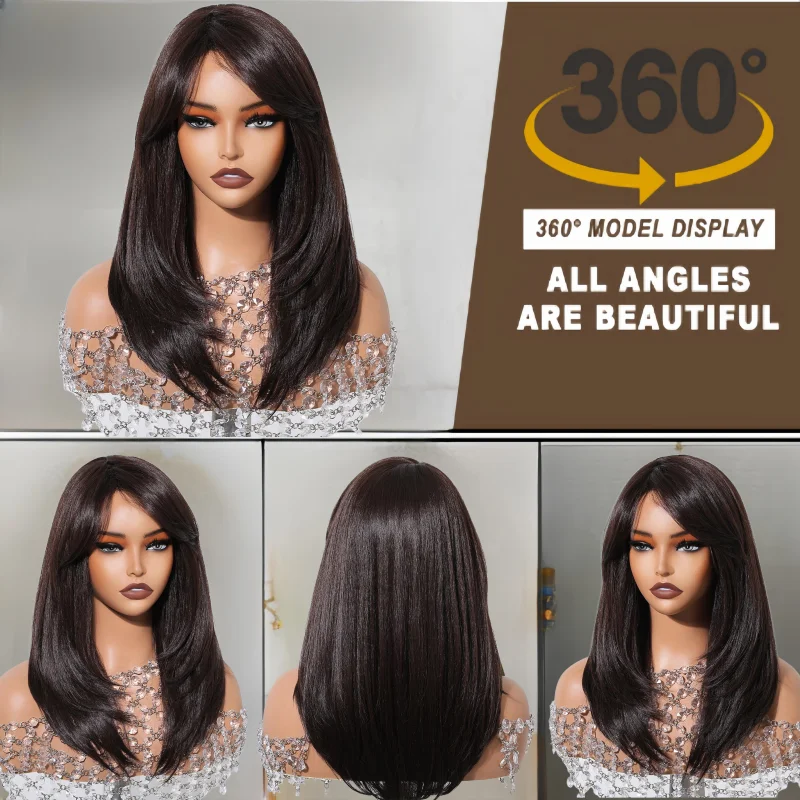 Straight Brown Synthetic Wig Medium Long Natural Layered Wigs for Women Daily Cosplay Party Use Heat Resistant Fibre Fake Hair