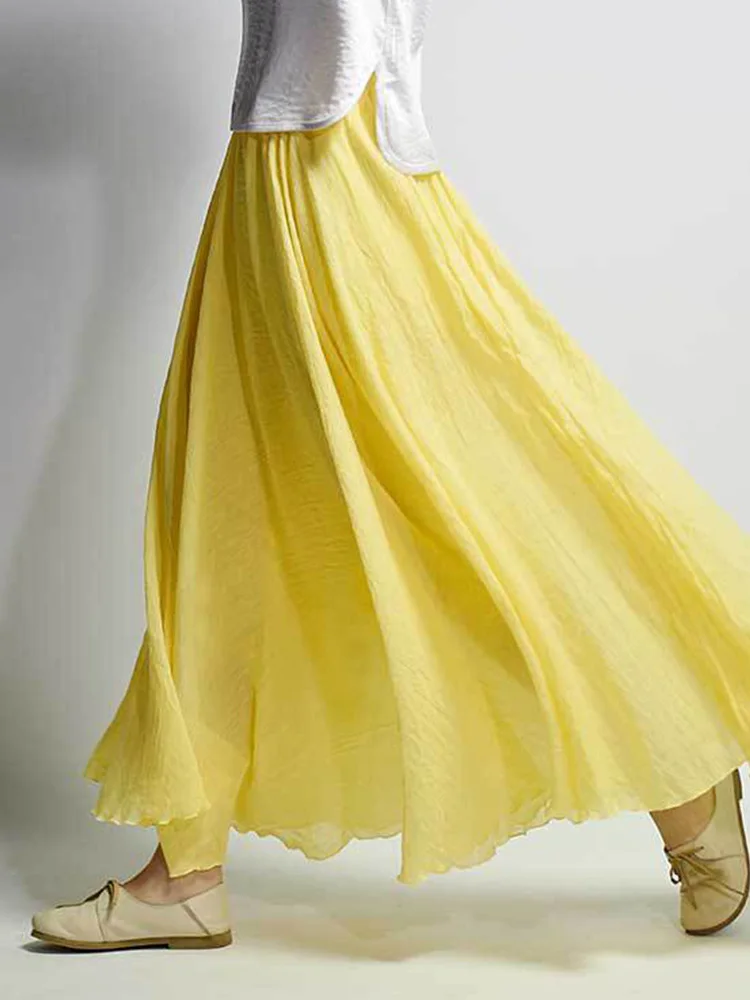 Women\'s Elegant High Waist Linen Maxi Skirt 2022 Summer Ladies Casual Elastic Waist 2 Layers Skirts saia feminina