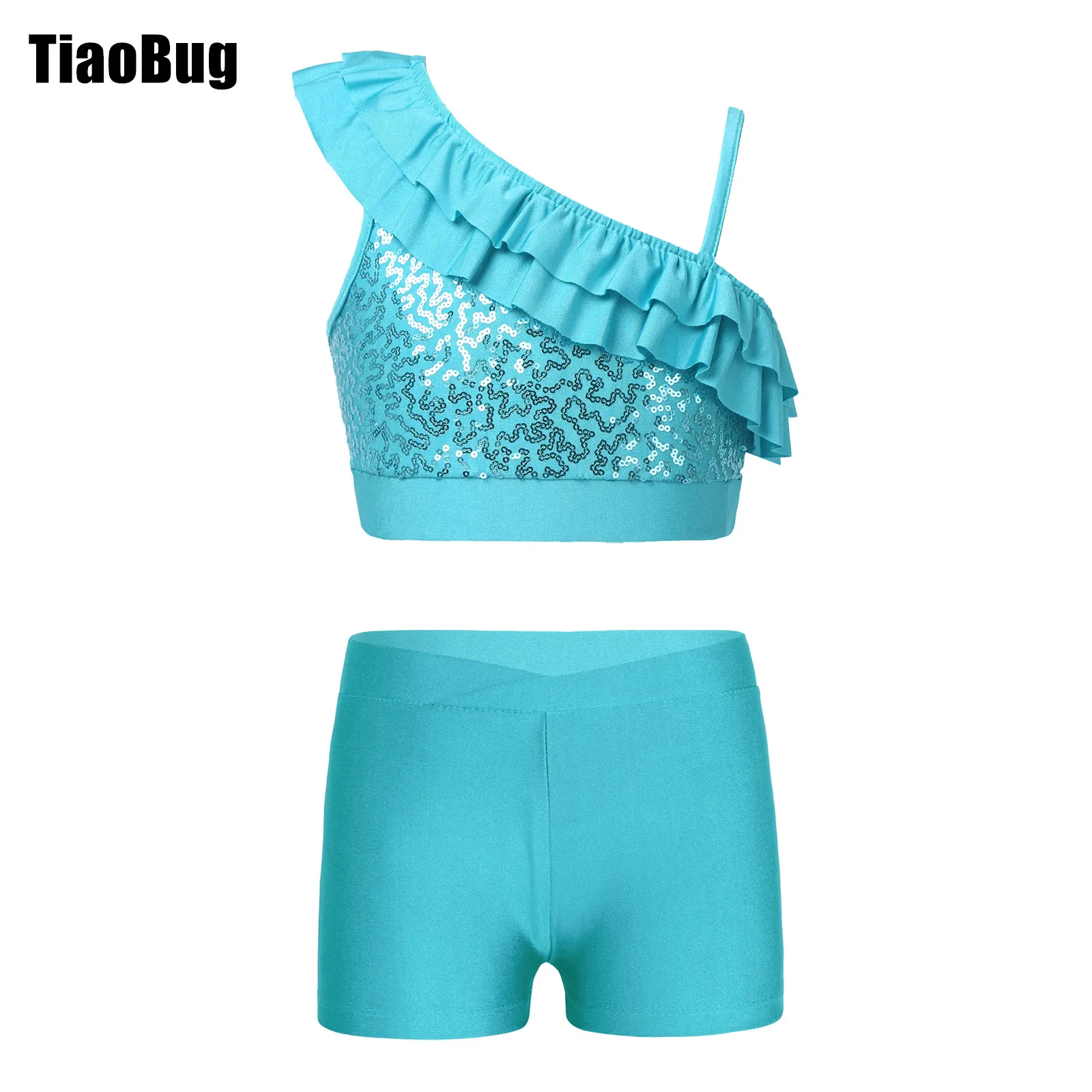 Kid Girls Asymmetrical Ruffle Dancewear Sequin Crop Top with Shorts for Dance Gymnastics Performance Competition