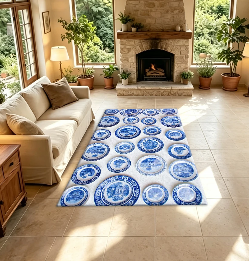 Blue and White Porcelain Plate Series Carpet Flooring with Vintage Chinese Style Ceramic Plate Patterns for Home Decoration