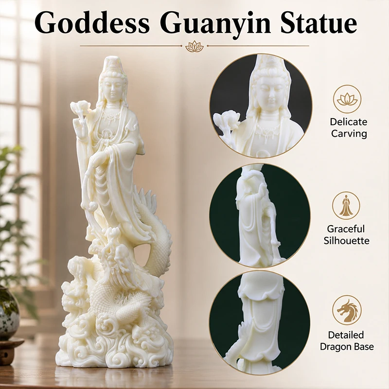 Scalebeard Resin Dragon Goddess Guanyin Sculpture Ornament Buddhist Art Statue Zen Space Decor Study Room Living Room Gift Home