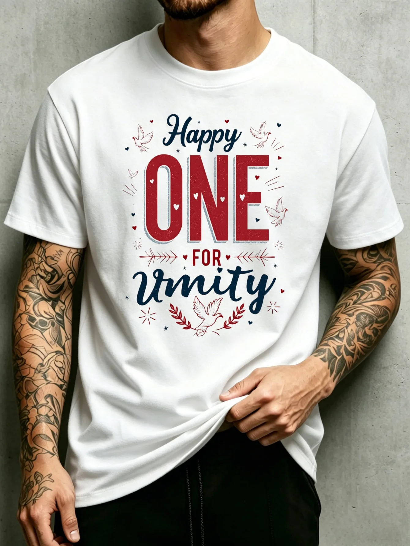 American-Style Happy One for Unity Men's Crew Neck T-Shirt, Loose Fit, Fashionable and Versatile, Soft and Comfortable Fabric, Suitable for Daily Wear and Holiday Gifts, Patriotic Design Featuring Birds, Hearts, and Stars, Perfect for Summer and Autumn