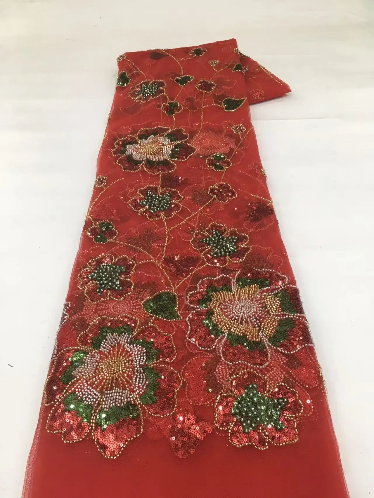 

High Quality Red African French Handmade Beads Lace Fabric Sewing Sequin Embroidery Nigerian Lace Fabrics For Women Wedding M5-1