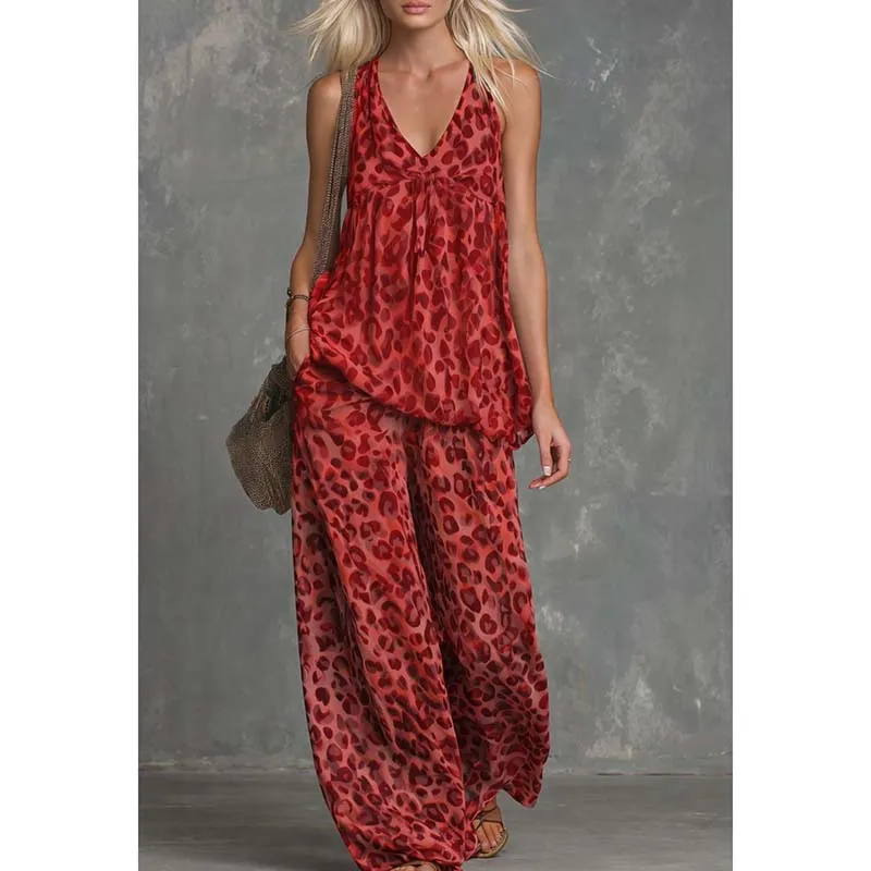 

Summer Fashion Leopard Print Sleeveless T-shirt Trousers 2piece Set Women Sexy Deep V-neck Vest Wide-leg Trousers Vacation Suit