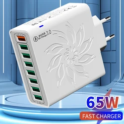8 Ports USB Charger QC 5.0 Fast Charging EU US KR Plug 65W Fast Charger Power Adapter For iPhone 15 Xiaomi Samsung Wall Charger