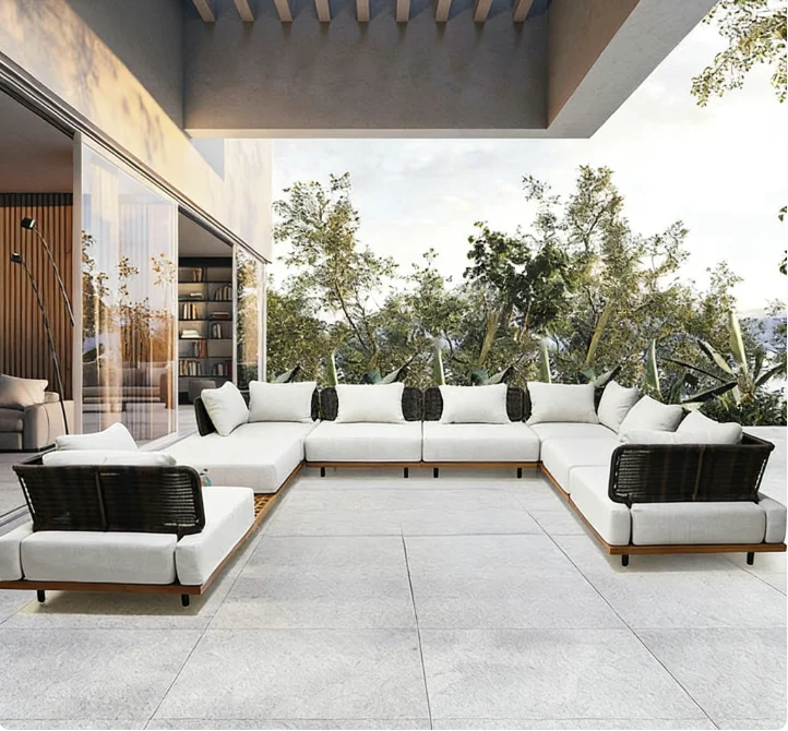 @3 # Modern Teak Outdoor Garden Sofa Set With Waterproof Cushions-Durable Patio & Courtyard Furniture