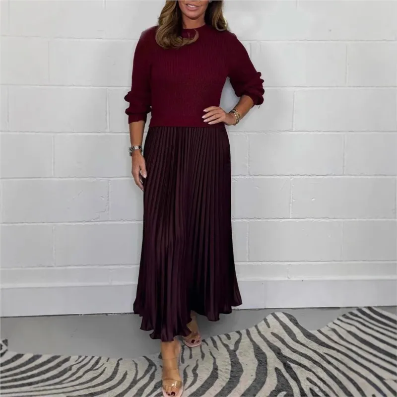 Autumn Winter Women Dress Fake Two-piece Knitted Sweater Pleated Skirt Patchwork Long Sleeve Round Neck A-line Maxi Dress