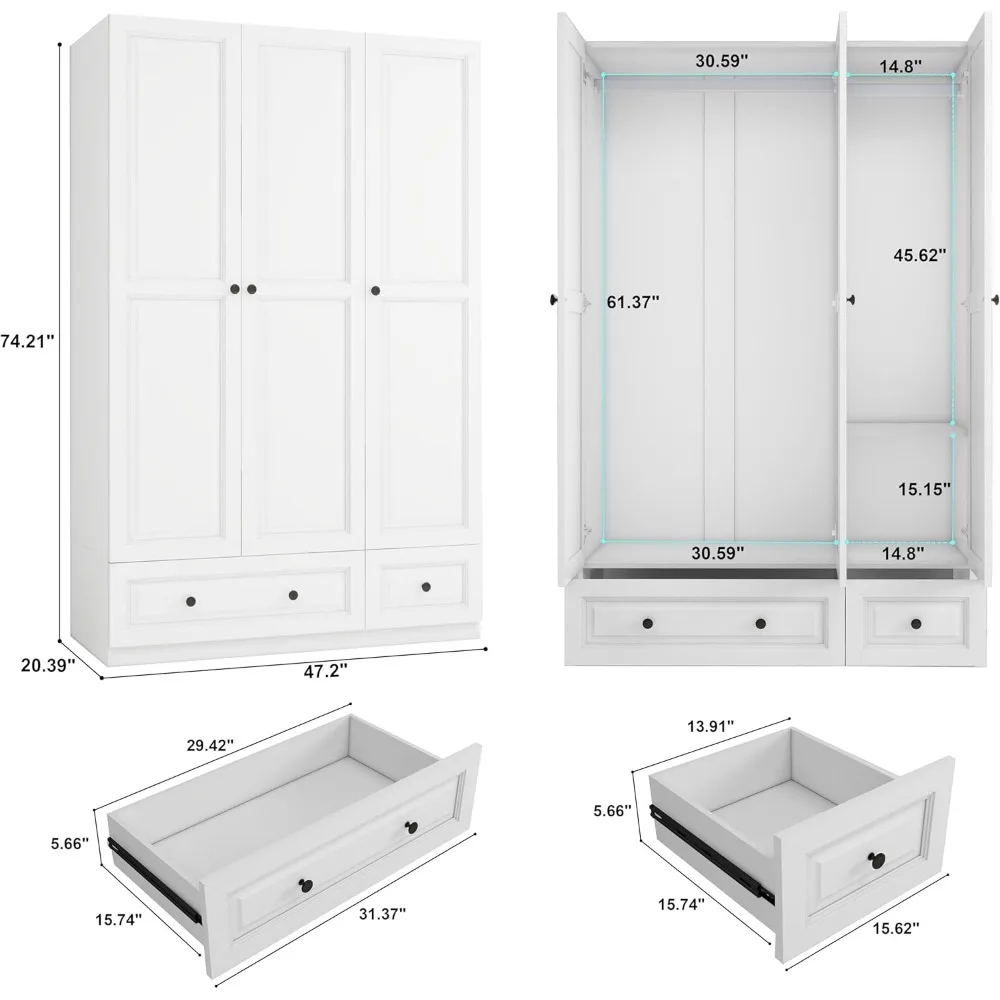 White Wardrobe Closet with 3 Doors: Bedroom Armoire Wardrobe Closet with 3 Drawers, Wooden Wardrobe Closet for Hanging Clothes