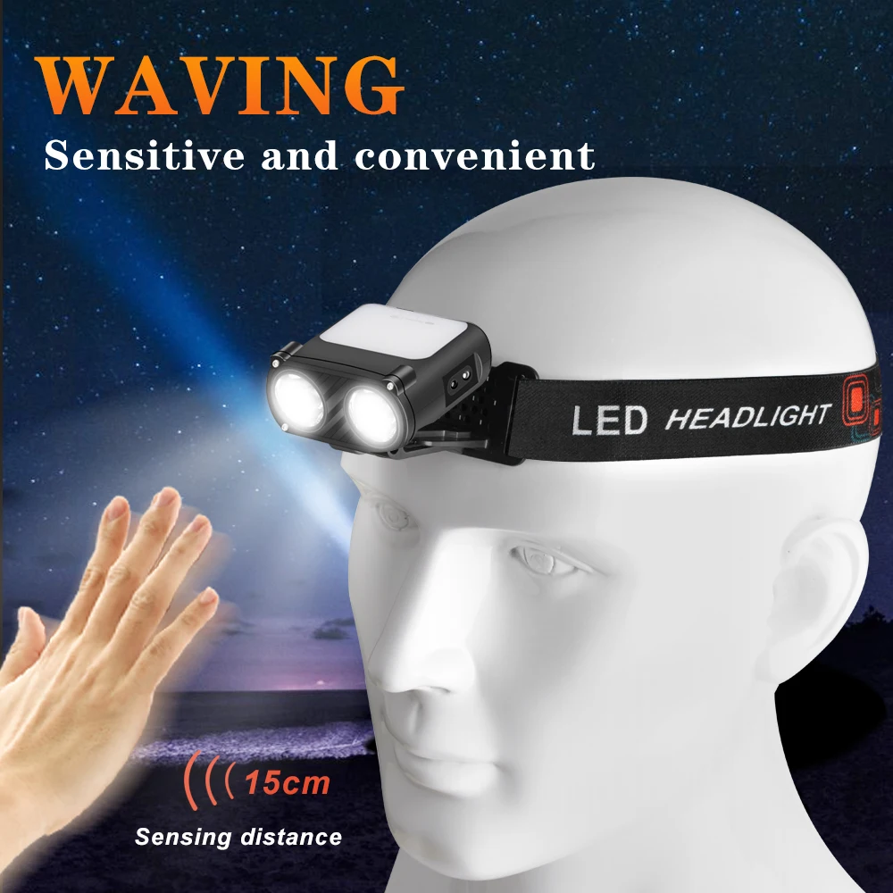 LED Headlamp Rechargeable COB Motion Sensor Head Lamp with Built-in Battery Flashlight Mini Camping Lantern For Running Hiking