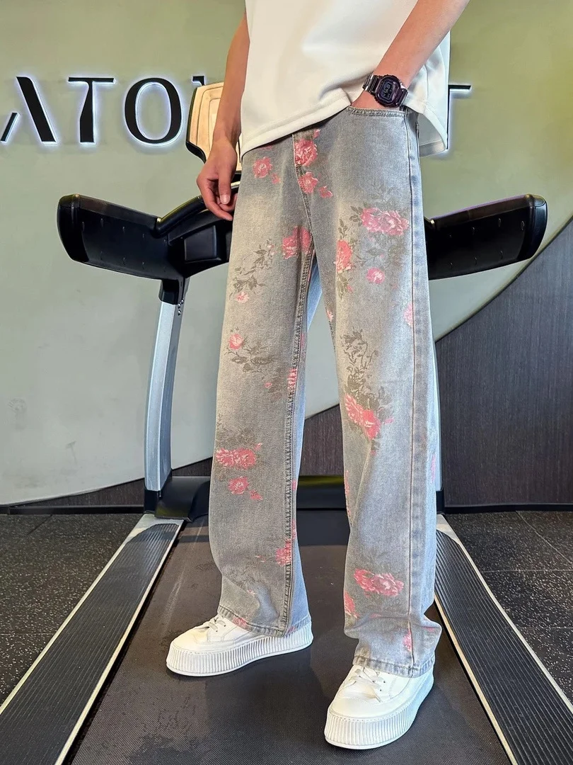 

Retro American Floral Print Men's Jeans Spring Autumn Straight Leg Micro Flared Long Trousers Cleanfit Cotton Polyester Blend