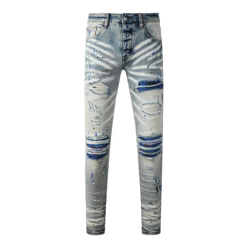 

Hombrenew men's high-quality jeans blueY2K stretch slim fit retro washed ripped patch painted pleated jeans designer hip-hop