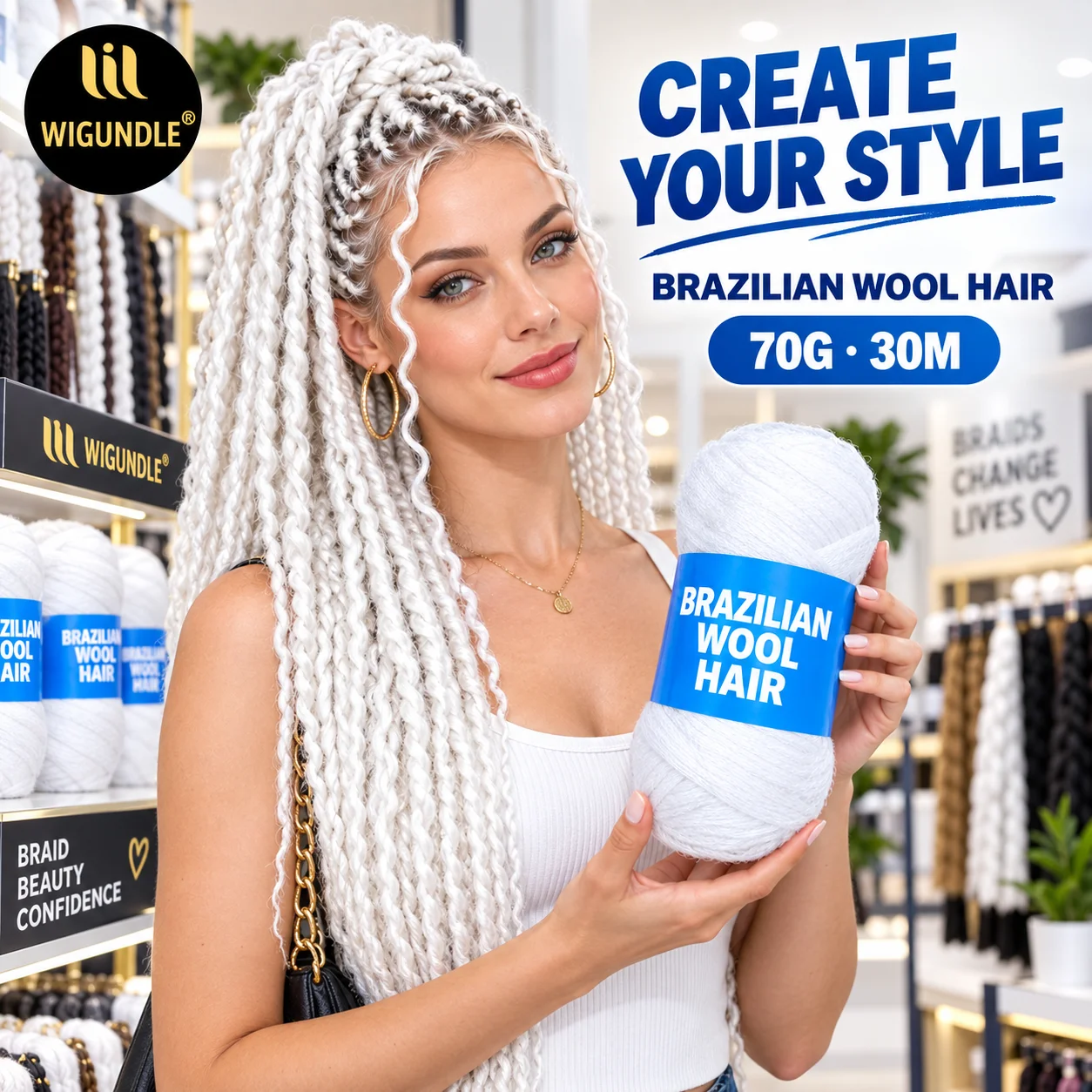 Airy Snow White Brazilian Wool Yarn 70g 30m Hair Yarn for Boho Twists Faux Locs Nordic Braids Festival Updos & Creative Styling