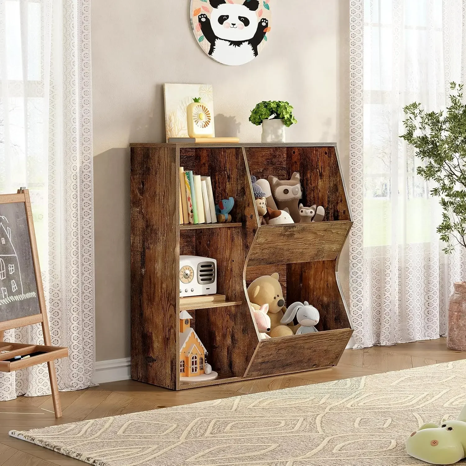 Kids Bookshelf, Toy Storage Organizer, 5 Cubby Children Bookcase, Wooden Toy Storage Cabinet with 2 Adjustable Shelves, Toy Shel